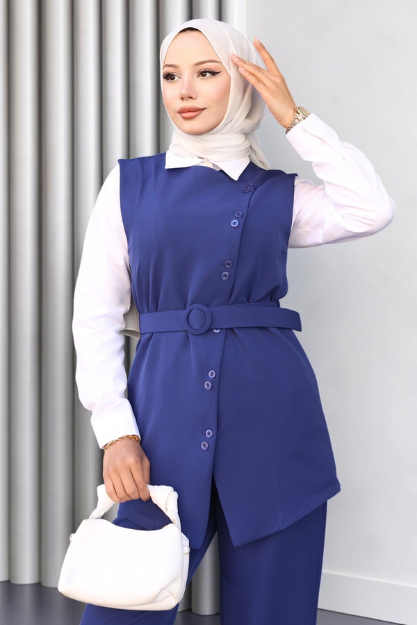 Kemerli Yelek Pantolon Takım İndigo 19250