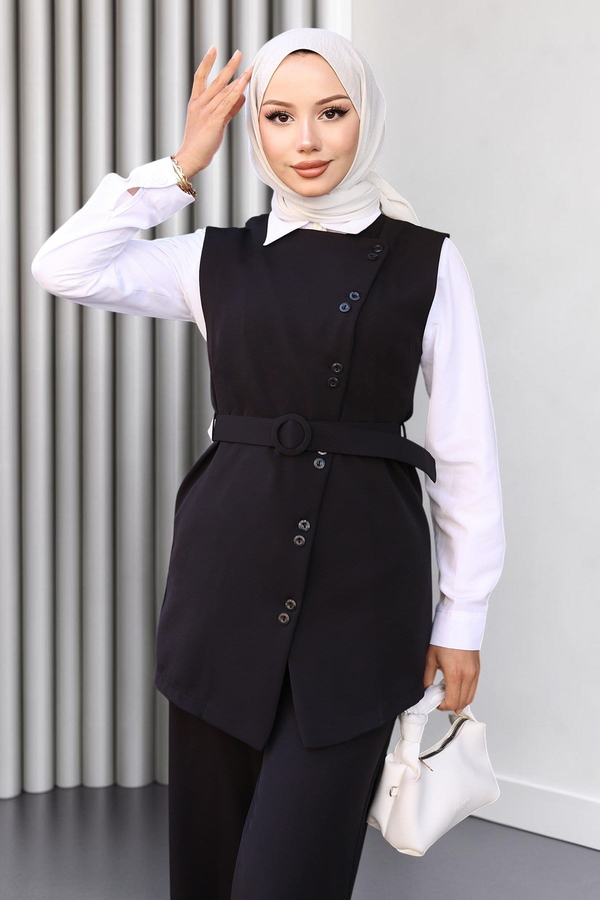 Kemerli Yelek Pantolon Takım Siyah 19250