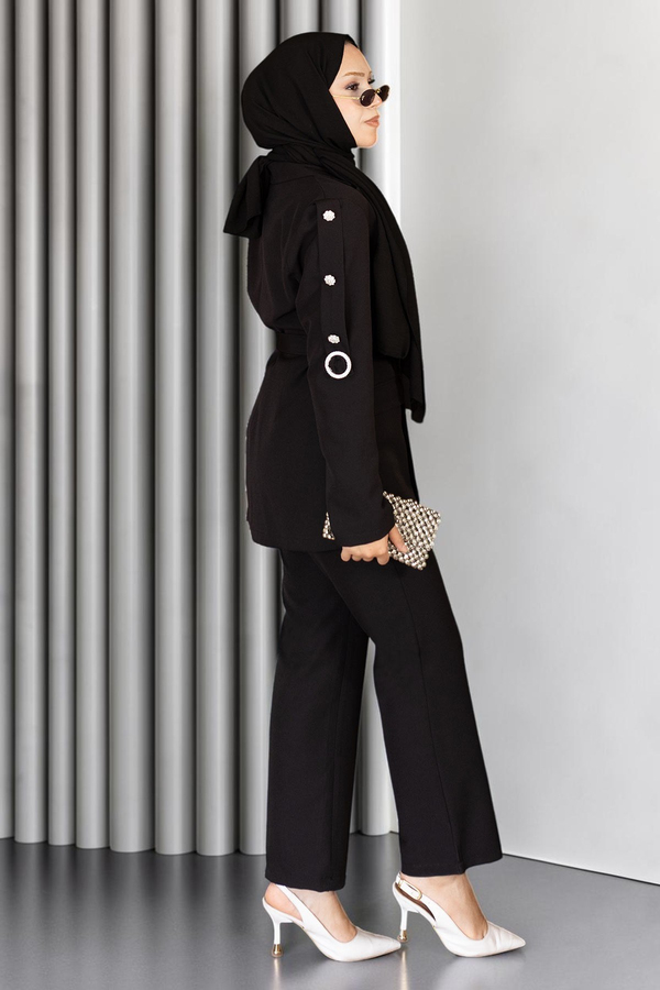 Kruvaze Yaka Düğme Detaylı Takım Siyah 19297