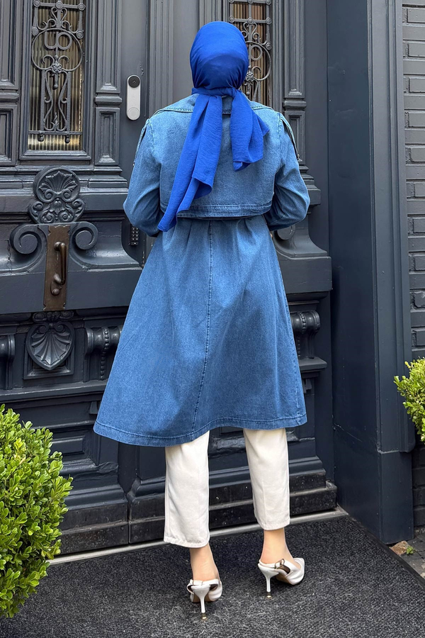 Kuşak Detaylı Denim Trençkot Açık Mavi 19320