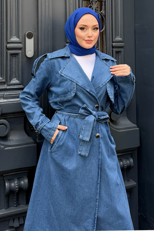 Kuşak Detaylı Denim Trençkot Açık Mavi 19320