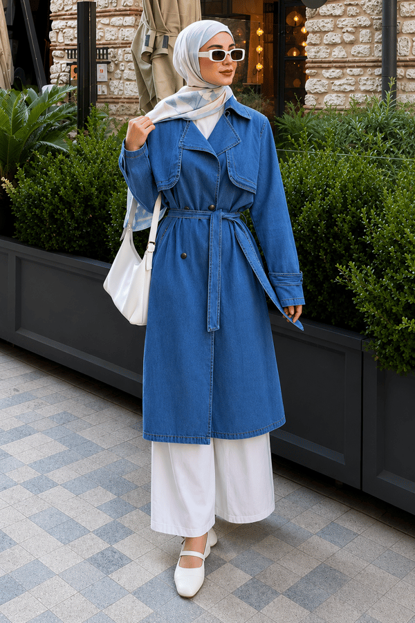 Kuşak Detaylı Denim Trençkot Açık Mavi 19320