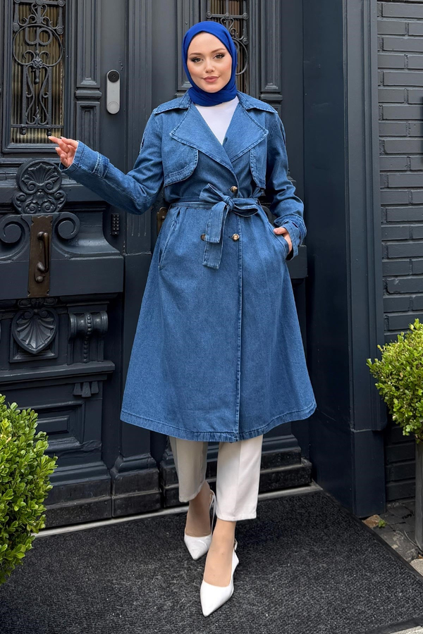 Kuşak Detaylı Denim Trençkot Açık Mavi 19320