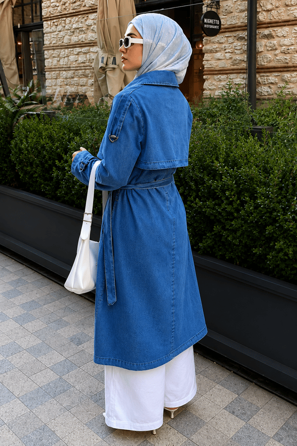 Kuşak Detaylı Denim Trençkot Açık Mavi 19320