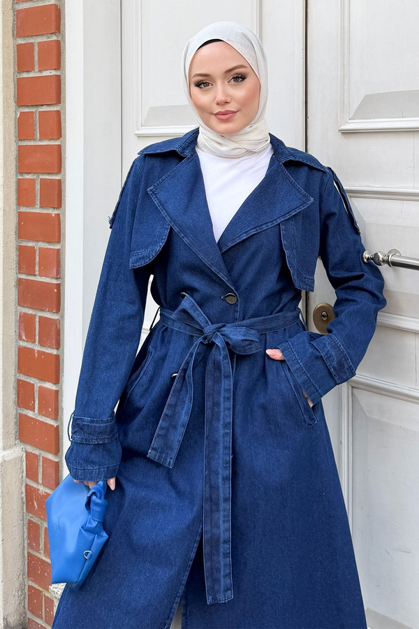 Kuşak Detaylı Denim Trençkot Koyu Mavi 19320