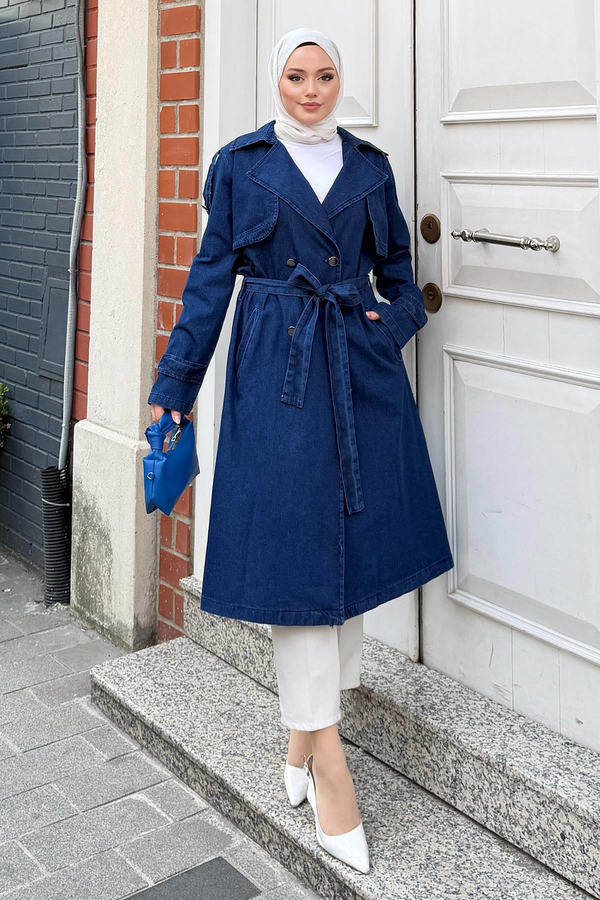 Kuşak Detaylı Denim Trençkot Koyu Mavi 19320
