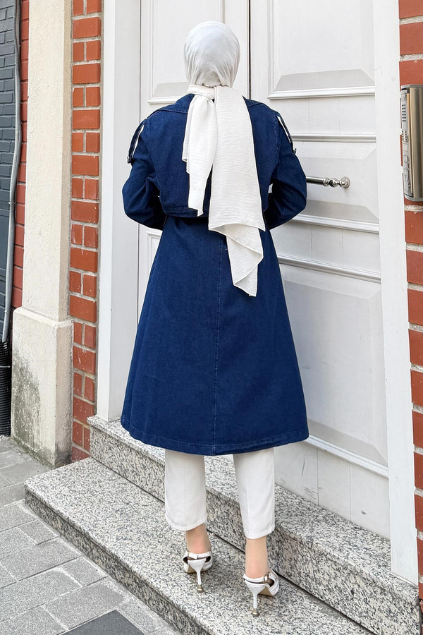 Kuşak Detaylı Denim Trençkot Koyu Mavi 19320
