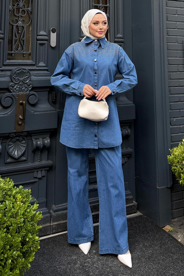 Luna Taş İşlemeli Denim Takım Açık Mavi 19401