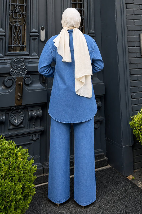 Luna Taş İşlemeli Denim Takım Açık Mavi 19401
