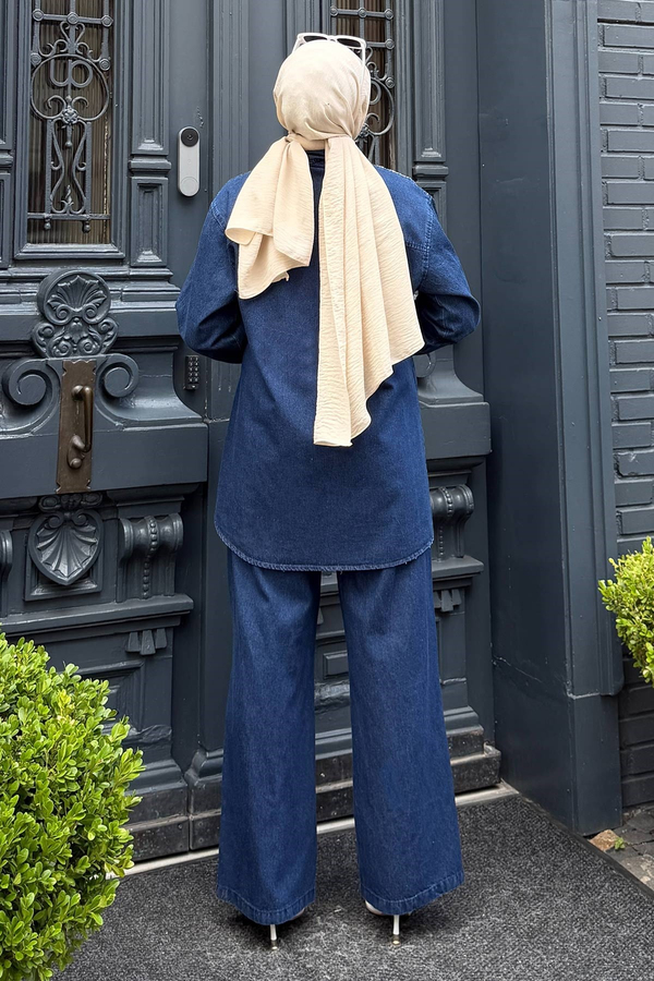 Luna Taş İşlemeli Denim Takım Koyu Mavi 19401