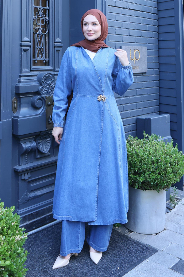 Metal Broşlu Denim Takım Açık Mavi 3007