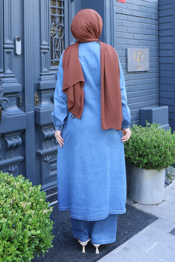 Metal Broşlu Denim Takım Açık Mavi 3007