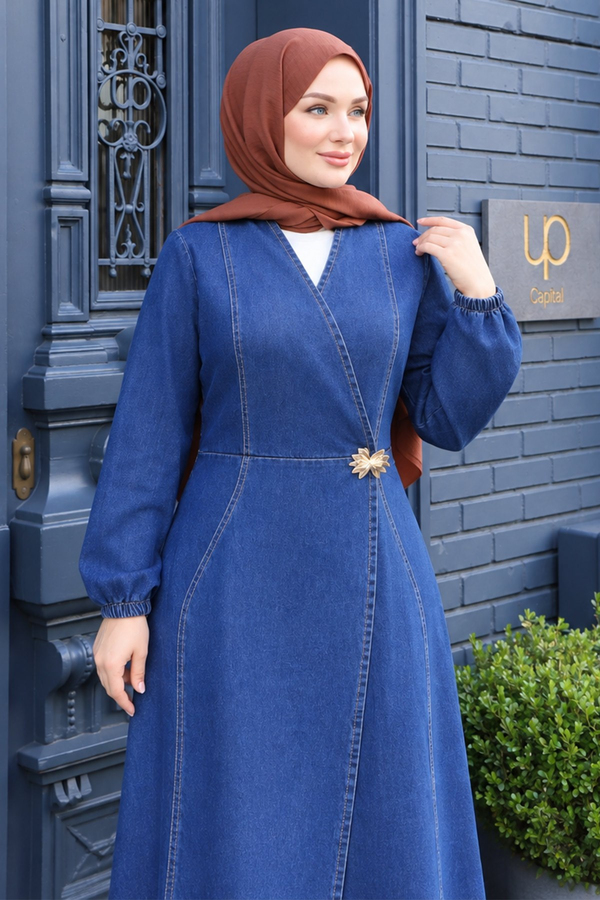Metal Broşlu Denim Takım Koyu Mavi 3007