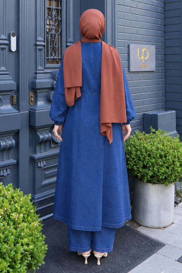 Metal Broşlu Denim Takım Koyu Mavi 3007