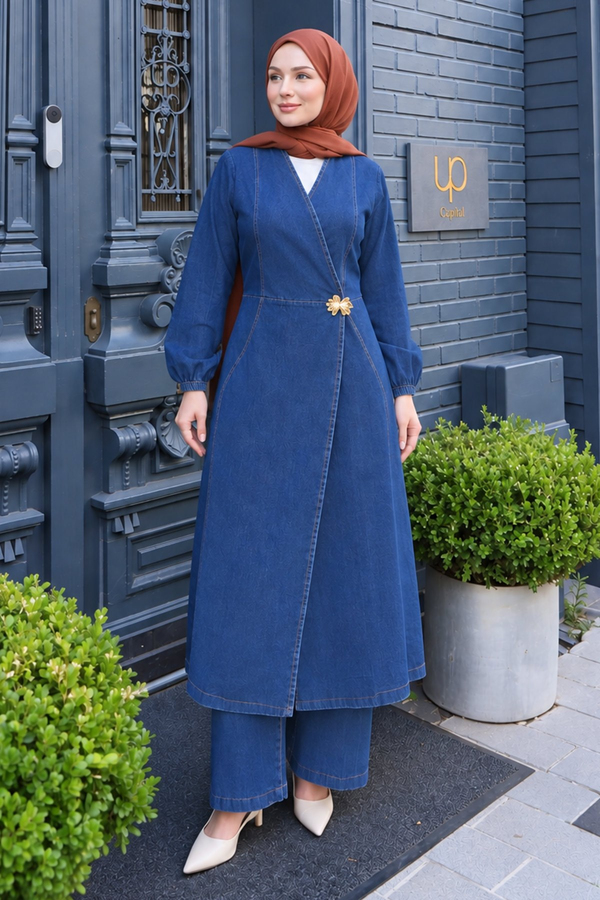 Metal Broşlu Denim Takım Koyu Mavi 3007
