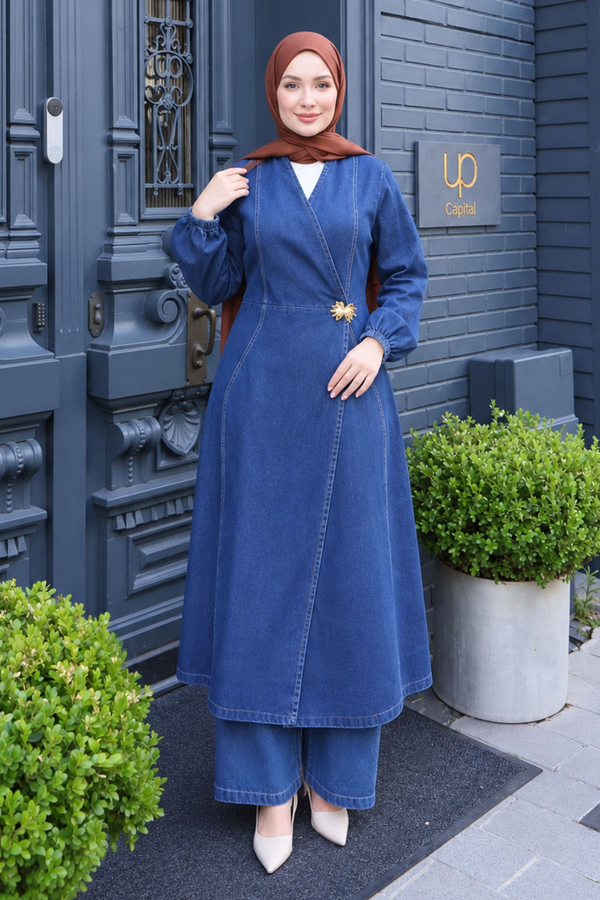 Metal Broşlu Denim Takım Koyu Mavi 3007