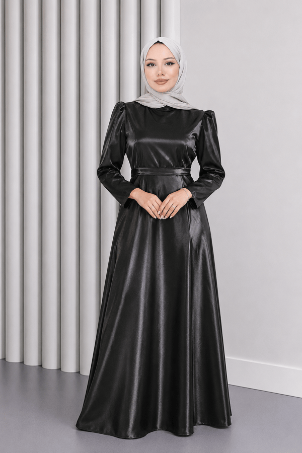 Omuz Büzgülü Büyük Beden Abiye Siyah 19128