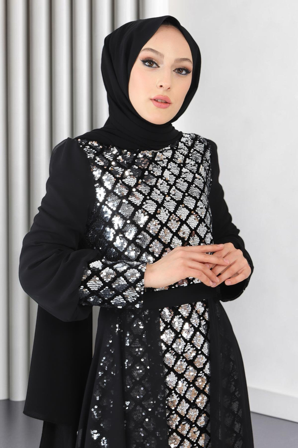 Pulpayetli Şifon Abiye Gümüş 9819