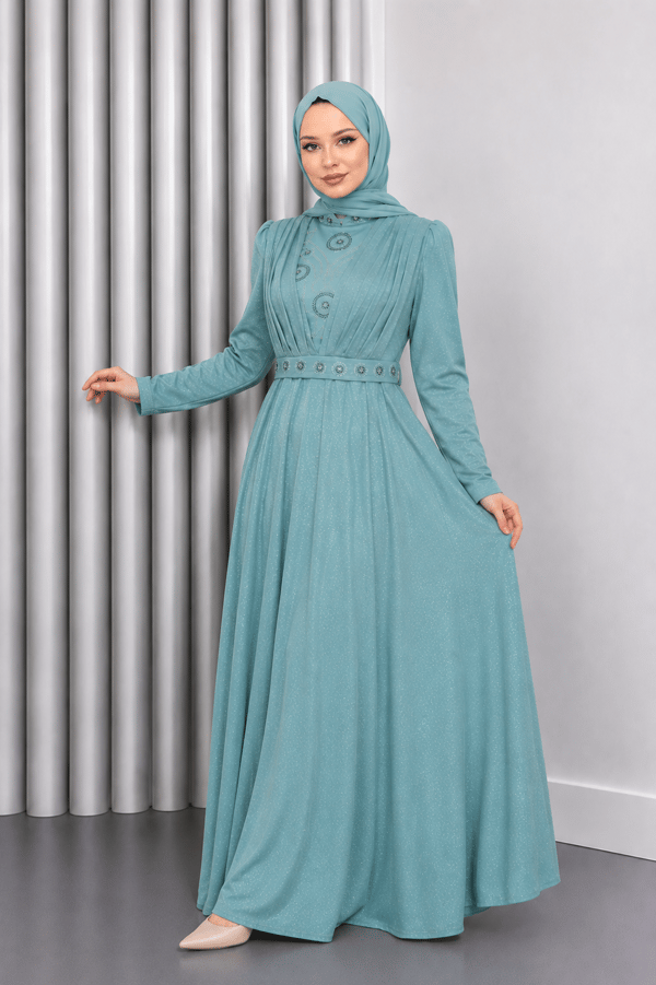Taş Detaylı Göğsü Drapeli Simli Abiye Mint 19188
