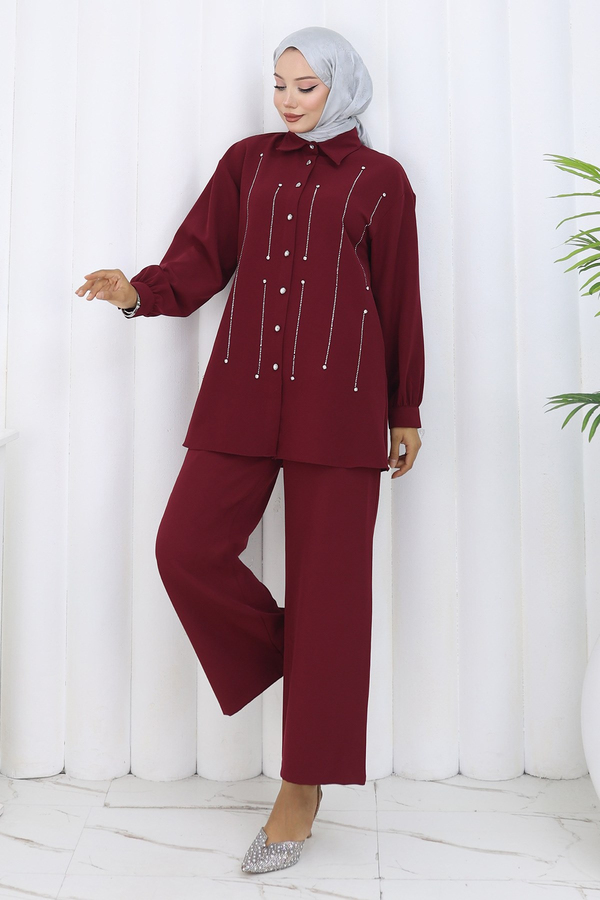 Taş Detaylı Takım Bordo 19266