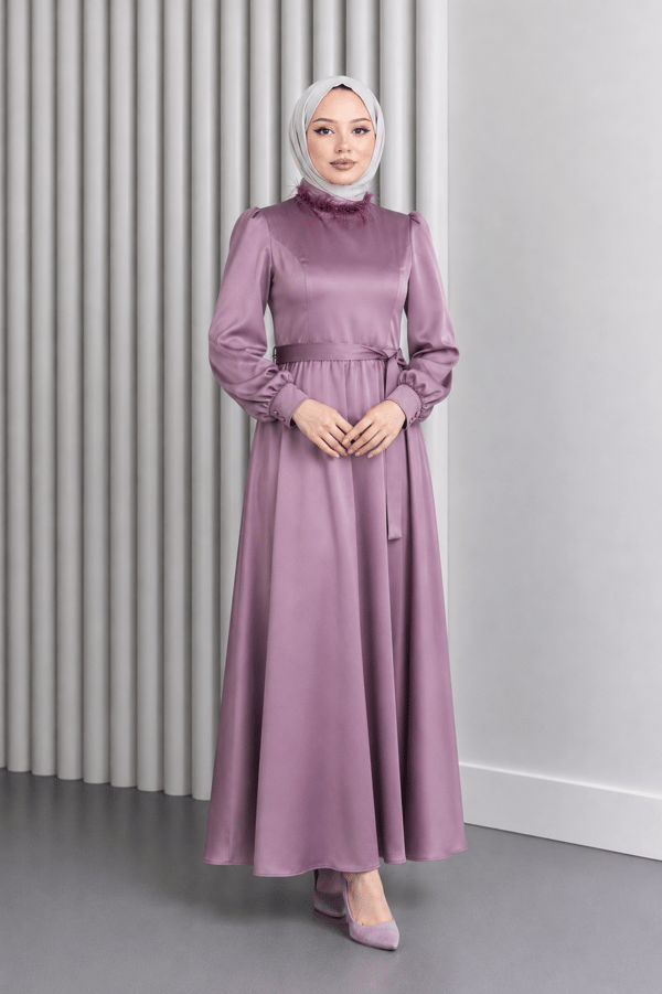 Tüy Detaylı Saten Abiye Lila 19123