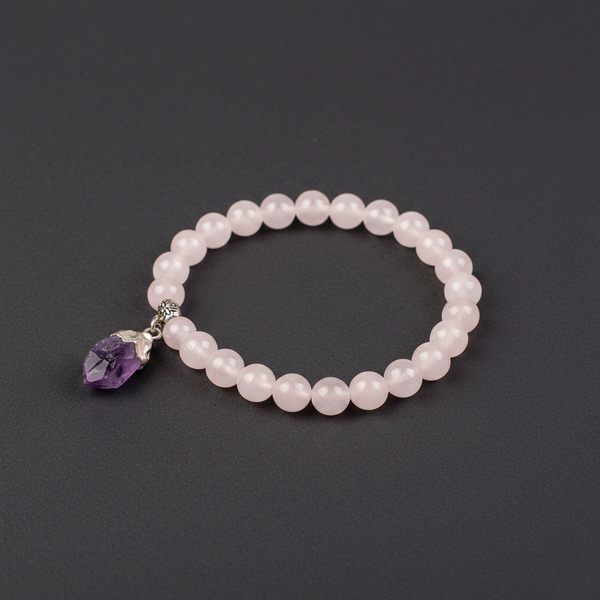 PEMBE KUVARS  -AMETİST SALANTILI TAŞI ELASTİK BİLEKLİK  8 MM