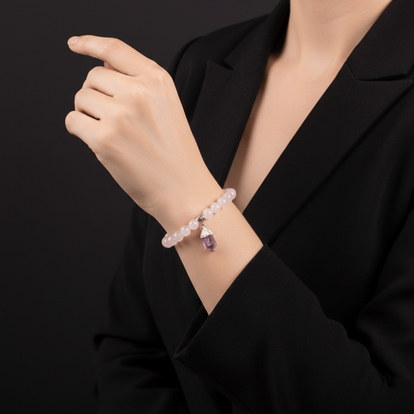PEMBE KUVARS  -AMETİST SALANTILI TAŞI ELASTİK BİLEKLİK  8 MM