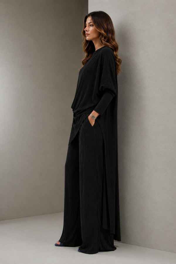 A40066 Aguaje Pilise Detaylı Bağlamalı  Tunik Pantolon Takım / SİYAH