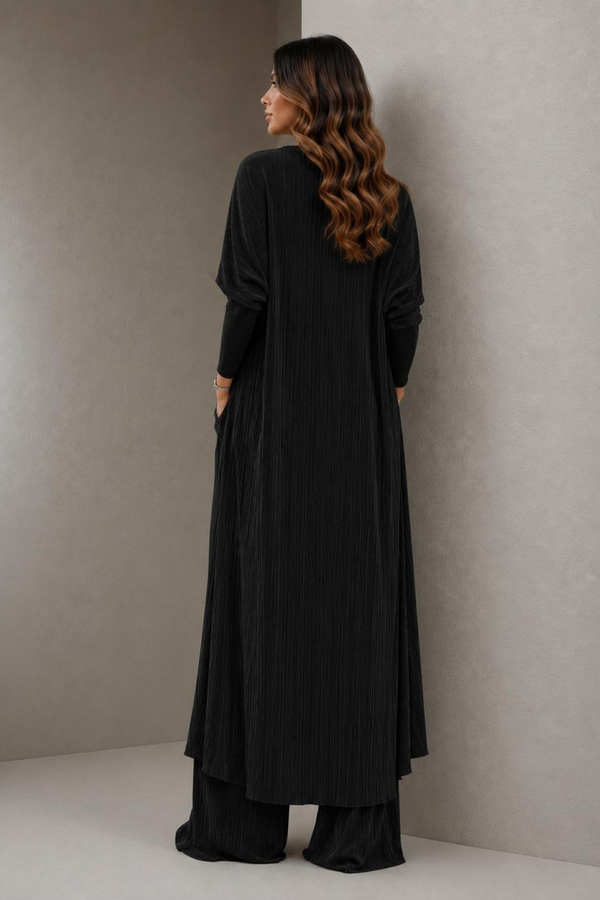A40066 Aguaje Pilise Detaylı Bağlamalı  Tunik Pantolon Takım / SİYAH