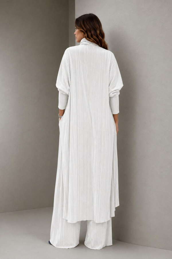 A40066 Aguaje Pilise Detaylı Bağlamalı  Tunik Pantolon Takım / BEYAZ