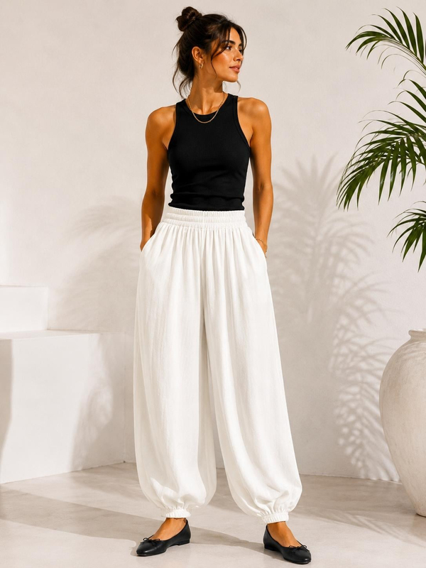 A60066 Aguaje Beli Lastikli Şalvar Pantolon / BEYAZ