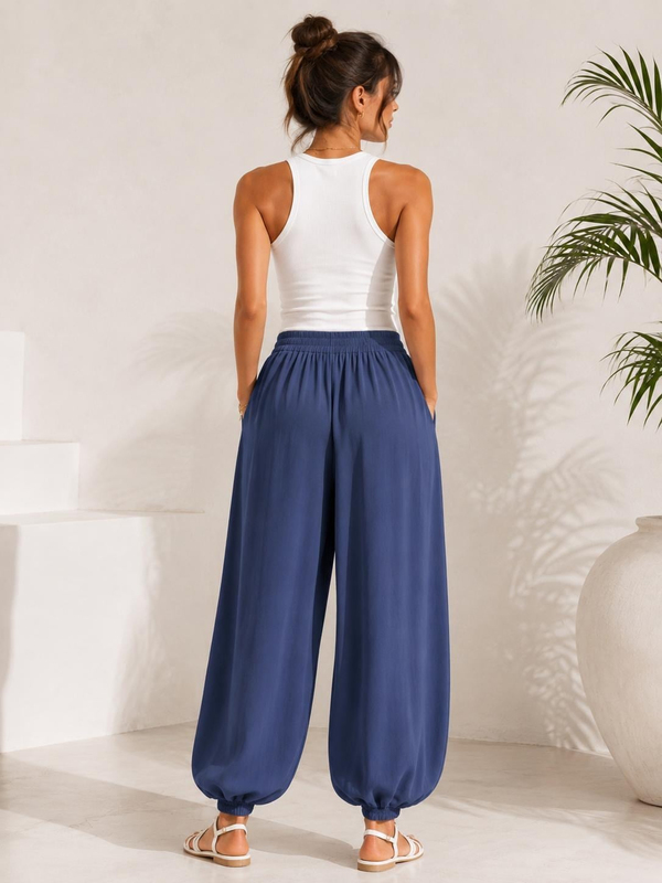 A60066 Aguaje Beli Lastikli Şalvar Pantolon / İNDİGO