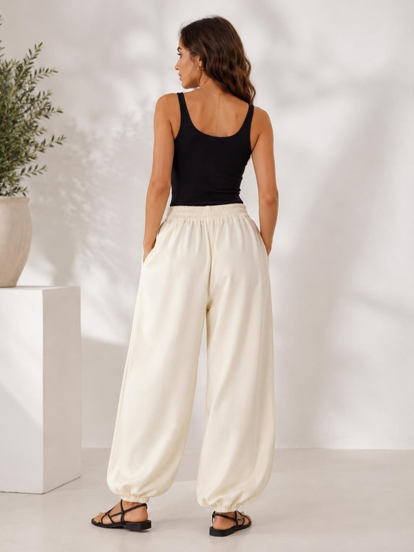 A60066 Aguaje Beli Lastikli Şalvar Pantolon / EKRU