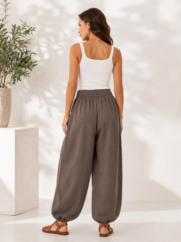 A60066 Aguaje Beli Lastikli Şalvar Pantolon / KAHVE