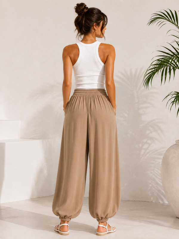 A60066 Aguaje Beli Lastikli Şalvar Pantolon / CAMEL