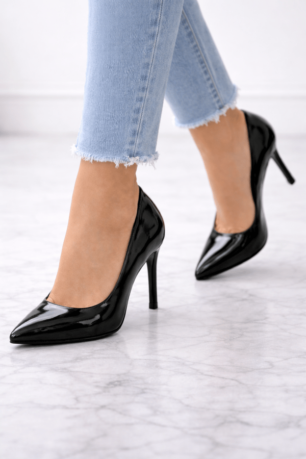  Kadın Klasik Stiletto Hakiki Siyah Rugan Deri Ayakkabı