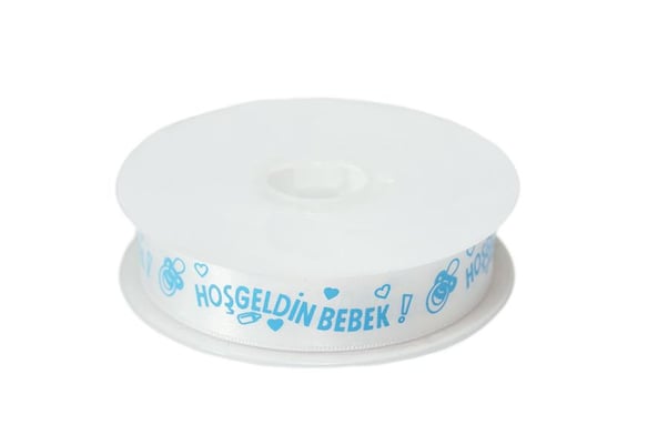 Hoşgeldin Bebek Desenli Beyaz Saten Kurdele 2 cm