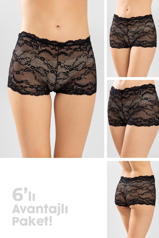 Dantelli Kadın Boxer Şort 6'lı paket 8257-6 Siyah