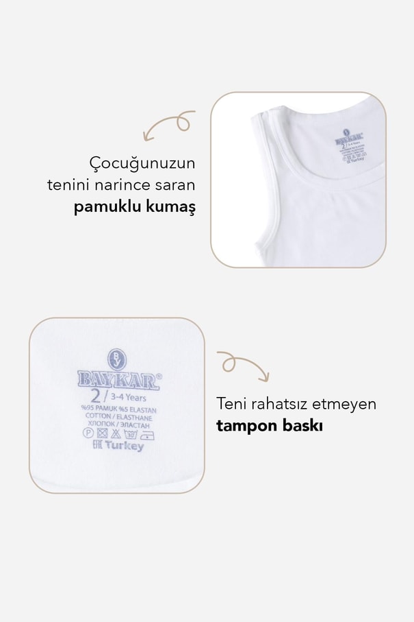 Erkek Çocuk Beyaz Oval Yaka Likralı Klasik Atlet 2'li Paket 2045 Beyaz