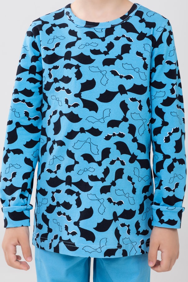 Erkek Çocuk Pamuklu Baskılı Bisiklet Yaka Uzun Kollu Manşetli Pijama Takımı 9605-1 Mavi
