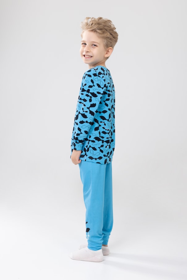 Erkek Çocuk Pamuklu Baskılı Bisiklet Yaka Uzun Kollu Manşetli Pijama Takımı 9605-1 Mavi