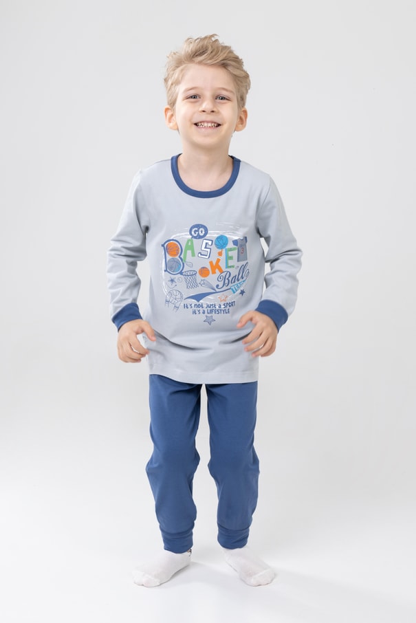 Erkek Çocuk Pamuklu Baskılı Bisiklet Yaka Uzun Kollu Manşetli Pijama Takımı 9606-1 Gri