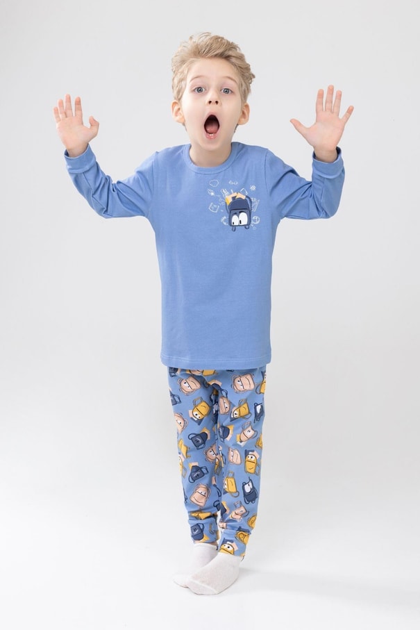 Erkek Çocuk Pamuklu Baskılı Bisiklet Yaka Uzun Kollu Manşetli Pijama Takımı 9604-1 Açık Mavi