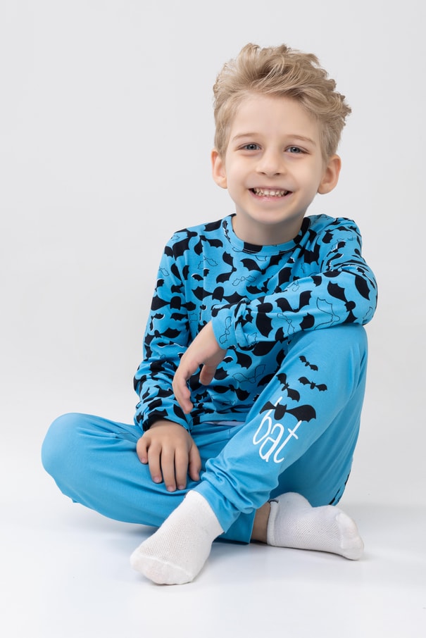 Erkek Çocuk Pamuklu Baskılı Bisiklet Yaka Uzun Kollu Manşetli Pijama Takımı 9605-1 Mavi