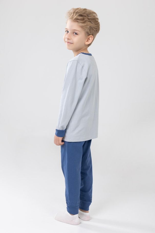 Erkek Çocuk Pamuklu Baskılı Bisiklet Yaka Uzun Kollu Manşetli Pijama Takımı 9606-1 Gri
