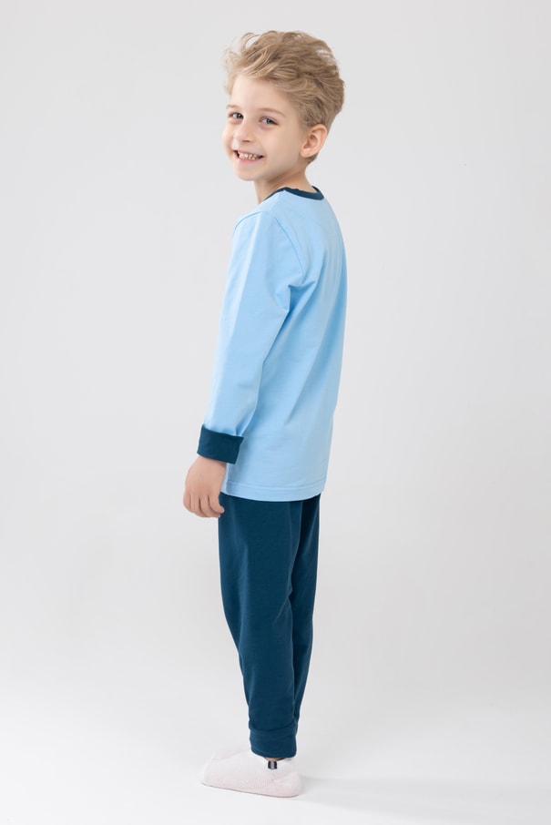 Erkek Çocuk Pamuklu Baskılı Bisiklet Yaka Uzun Kollu Manşetli Pijama Takımı 9606-1 Mavi