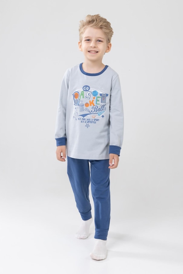 Erkek Çocuk Pamuklu Baskılı Bisiklet Yaka Uzun Kollu Manşetli Pijama Takımı 9606-1 Gri