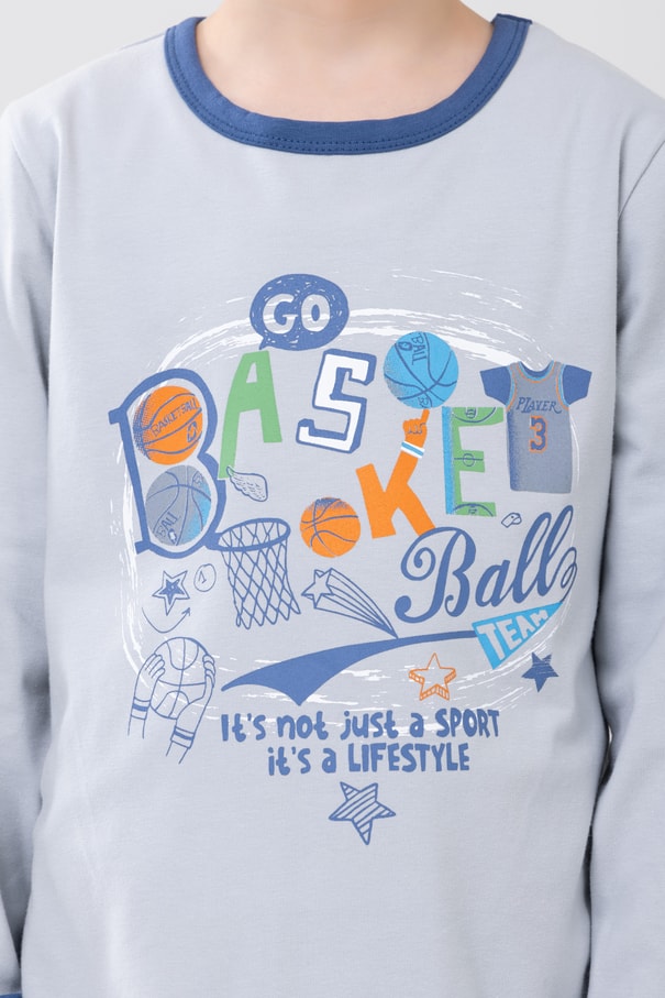 Erkek Çocuk Pamuklu Baskılı Bisiklet Yaka Uzun Kollu Manşetli Pijama Takımı 9606-1 Gri