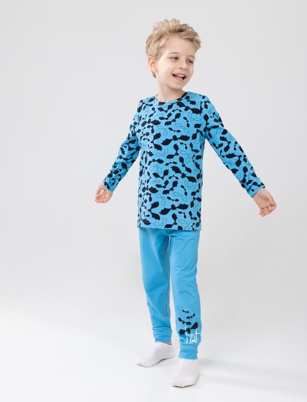 Erkek Çocuk Pamuklu Baskılı Bisiklet Yaka Uzun Kollu Manşetli Pijama Takımı 9605-1 Mavi