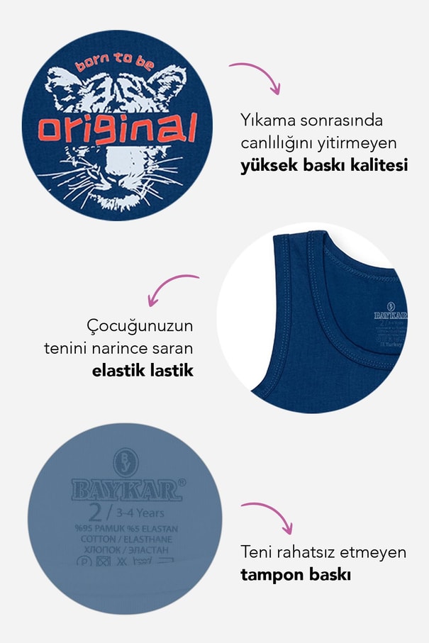 Erkek Çocuk Pamuklu Bisiklet Yaka Baskılı Atlet Tişört 3'lü Paket 2510 Renkli
